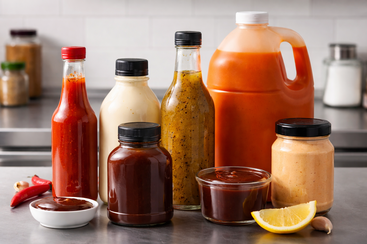Assorted hot sauce bottles and containers on a kitchen counter.