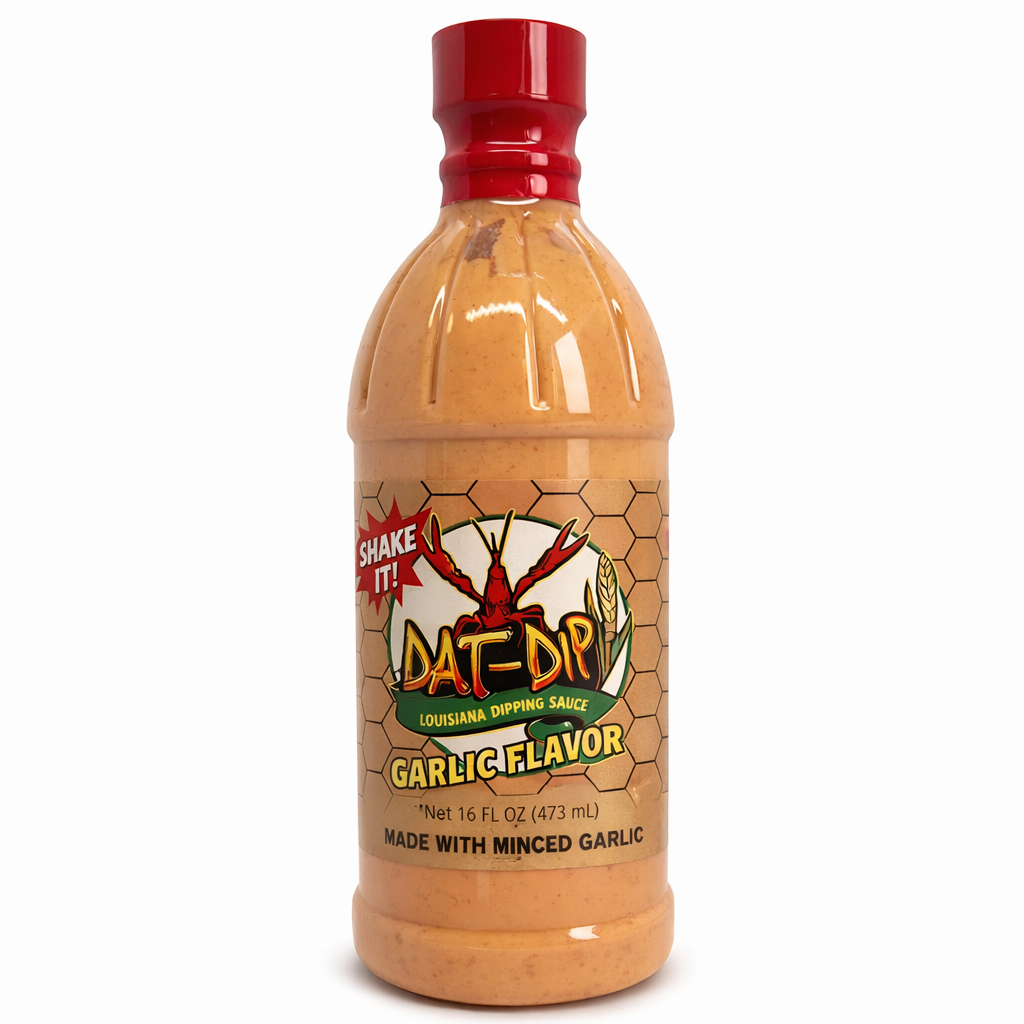 Bottle of Dat Dip Garlic Flavor Louisiana Dipping Sauce on a white background
