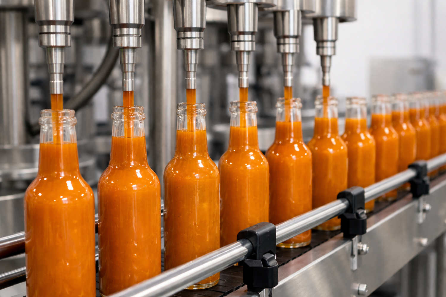 bottles of orange hot sauce on an assembly line